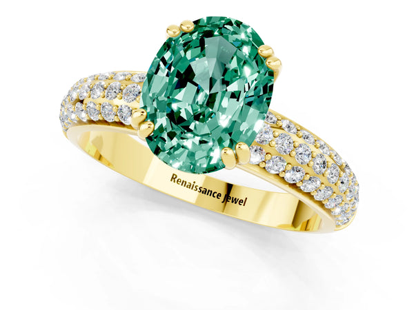Yellow gold Oval Cut Green Sapphire Solitaire Ring with Multi-Row Round Pavé Band and Prong Setting