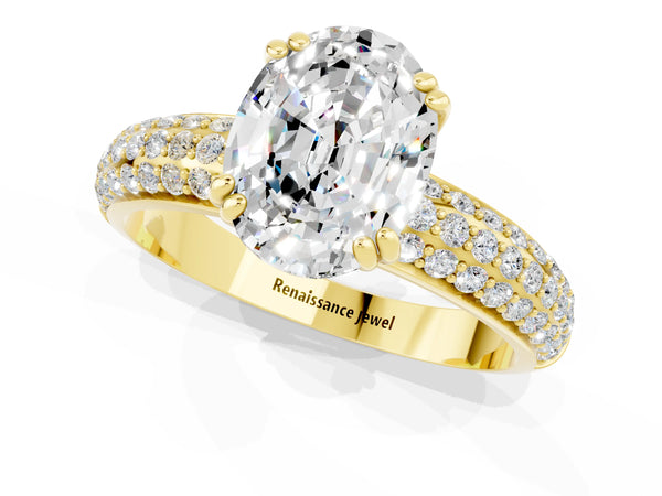 Yellow gold Oval Cut Moissanite Solitaire Ring with Multi-Row Round Pavé Band and Prong Setting