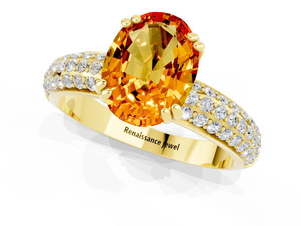 Yellow gold Oval Cut Citrine Solitaire Ring with Multi-Row Round Pavé Band and Prong Setting