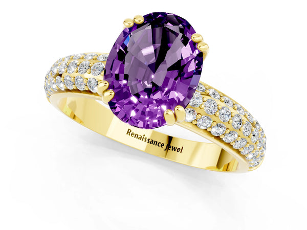 Yellow gold Oval Cut Amethyst Solitaire Ring with Multi-Row Round Pavé Band and Prong Setting