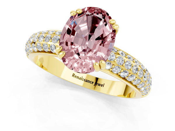 Yellow gold Oval Cut Cut Pave Diamond Engagement Ring with Channel Set Band and Four-Prong Setting