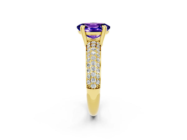 Yellow gold Oval Cut Tanzanite Solitaire Ring with Multi-Row Round Pavé Band and Prong Setting