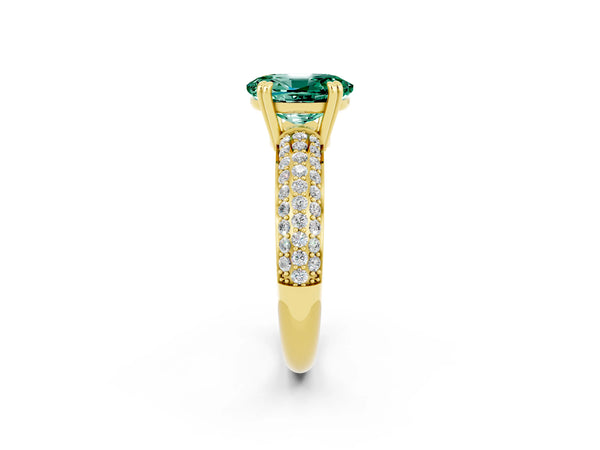 Yellow gold Oval Cut Green Sapphire Solitaire Ring with Multi-Row Round Pavé Band and Prong Setting