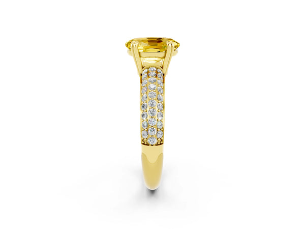 Yellow gold Oval Cut Yellow Sapphire Solitaire Ring with Multi-Row Round Pavé Band and Prong Setting