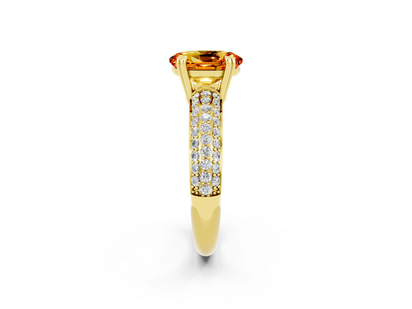 Yellow gold Oval Cut Citrine Solitaire Ring with Multi-Row Round Pavé Band and Prong Setting