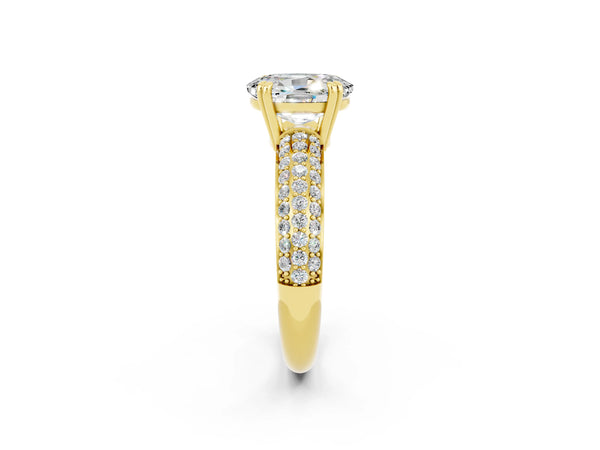 Yellow gold Oval Cut Moissanite Solitaire Ring with Multi-Row Round Pavé Band and Prong Setting