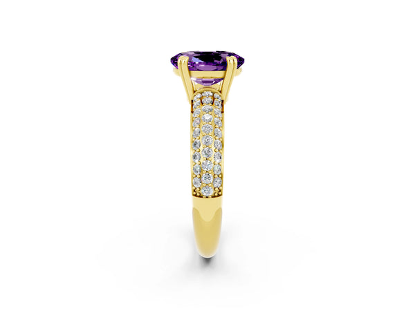 Yellow gold Oval Cut Amethyst Solitaire Ring with Multi-Row Round Pavé Band and Prong Setting