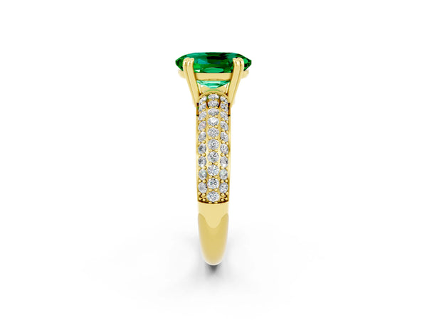 Yellow gold Oval Cut Emerald Solitaire Ring with Multi-Row Round Pavé Band and Prong Setting