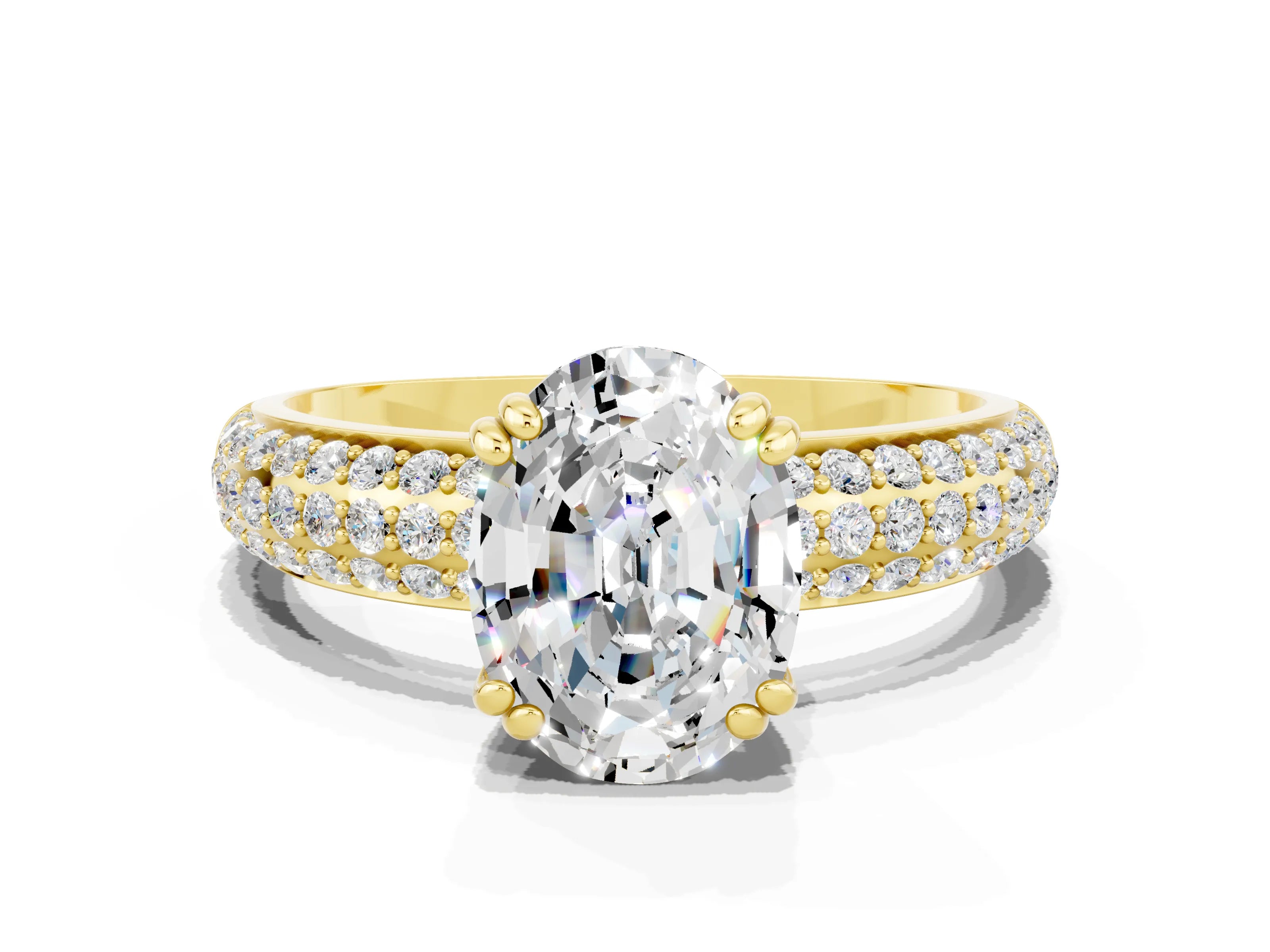 Yellow gold Oval Cut Cut Pave Diamond Engagement Ring with Channel Set Band and Four-Prong Setting