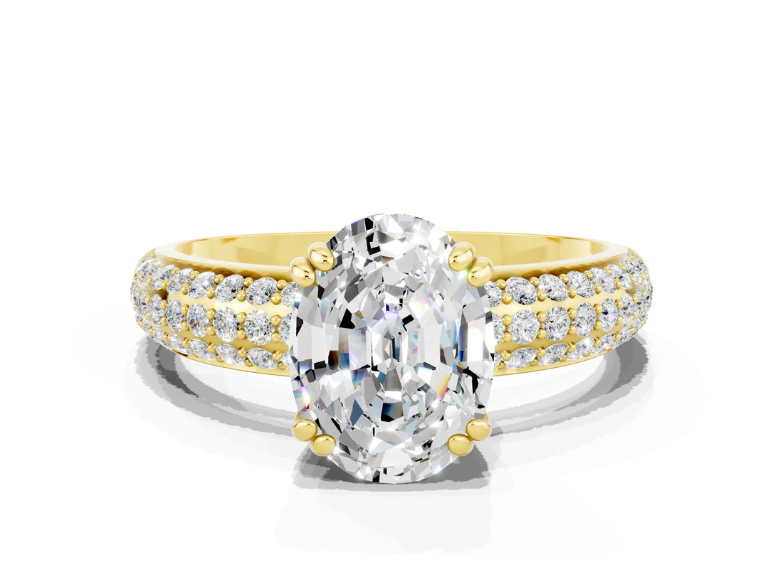 Yellow gold Oval Cut Cut Pave Diamond Engagement Ring with Channel Set Band and Four-Prong Setting