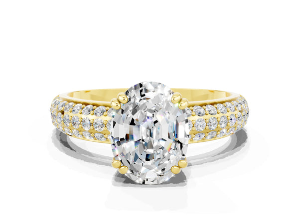 Yellow gold Oval Cut Moissanite Solitaire Ring with Multi-Row Round Pavé Band and Prong Setting