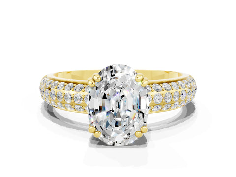 Yellow gold Oval Cut Cut Pave Diamond Engagement Ring with Channel Set Band and Four-Prong Setting