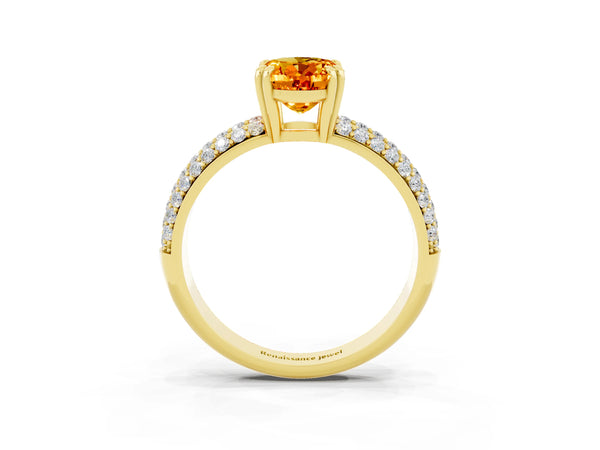 Yellow gold Oval Cut Citrine Solitaire Ring with Multi-Row Round Pavé Band and Prong Setting