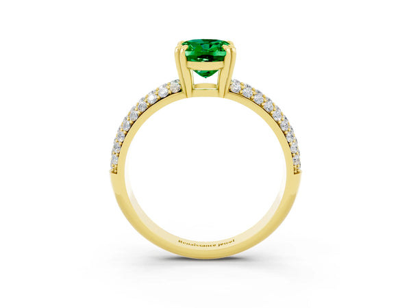 Yellow gold Oval Cut Emerald Solitaire Ring with Multi-Row Round Pavé Band and Prong Setting