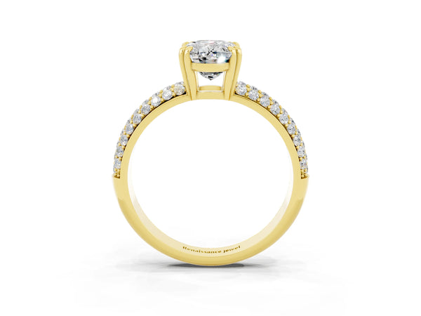 Yellow gold Oval Cut Moissanite Solitaire Ring with Multi-Row Round Pavé Band and Prong Setting