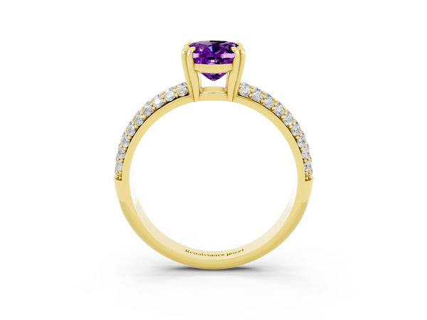 Yellow gold Oval Cut Amethyst Solitaire Ring with Multi-Row Round Pavé Band and Prong Setting