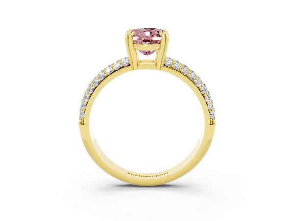 Yellow gold Oval Cut Cut Pave Diamond Engagement Ring with Channel Set Band and Four-Prong Setting