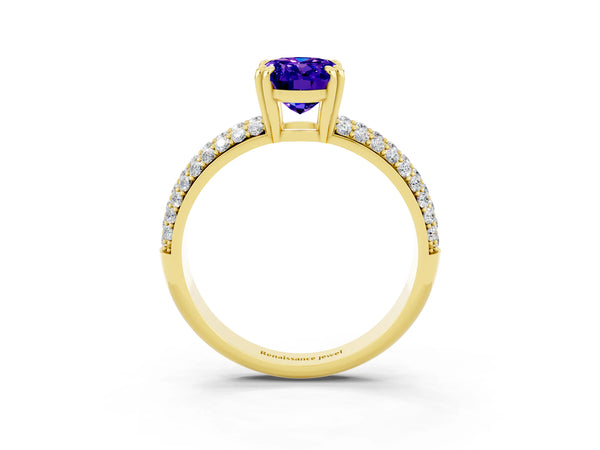Yellow gold Oval Cut Tanzanite Solitaire Ring with Multi-Row Round Pavé Band and Prong Setting