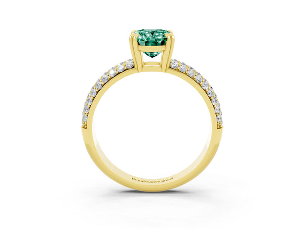 Yellow gold Oval Cut Green Sapphire Solitaire Ring with Multi-Row Round Pavé Band and Prong Setting