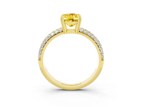 Yellow gold Oval Cut Yellow Sapphire Solitaire Ring with Multi-Row Round Pavé Band and Prong Setting