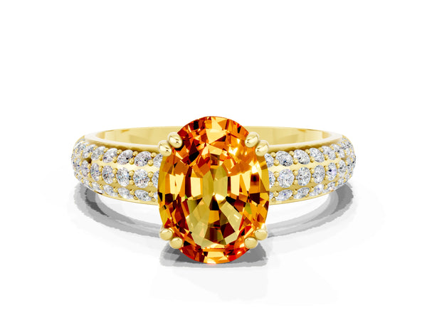 Yellow gold Oval Cut Citrine Solitaire Ring with Multi-Row Round Pavé Band and Prong Setting