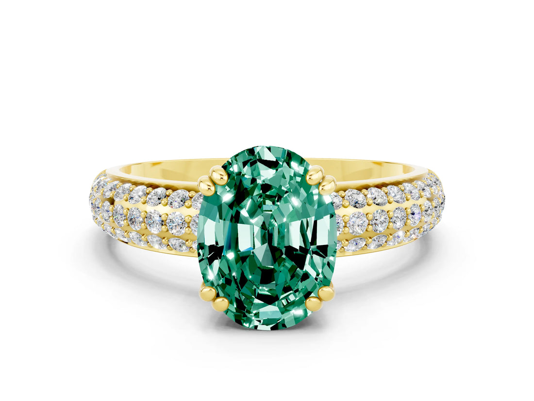 Yellow gold Oval Cut Cut Pave Diamond Engagement Ring with Channel Set Band and Four-Prong Setting