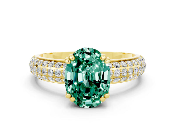 Yellow gold Oval Cut Green Sapphire Solitaire Ring with Multi-Row Round Pavé Band and Prong Setting