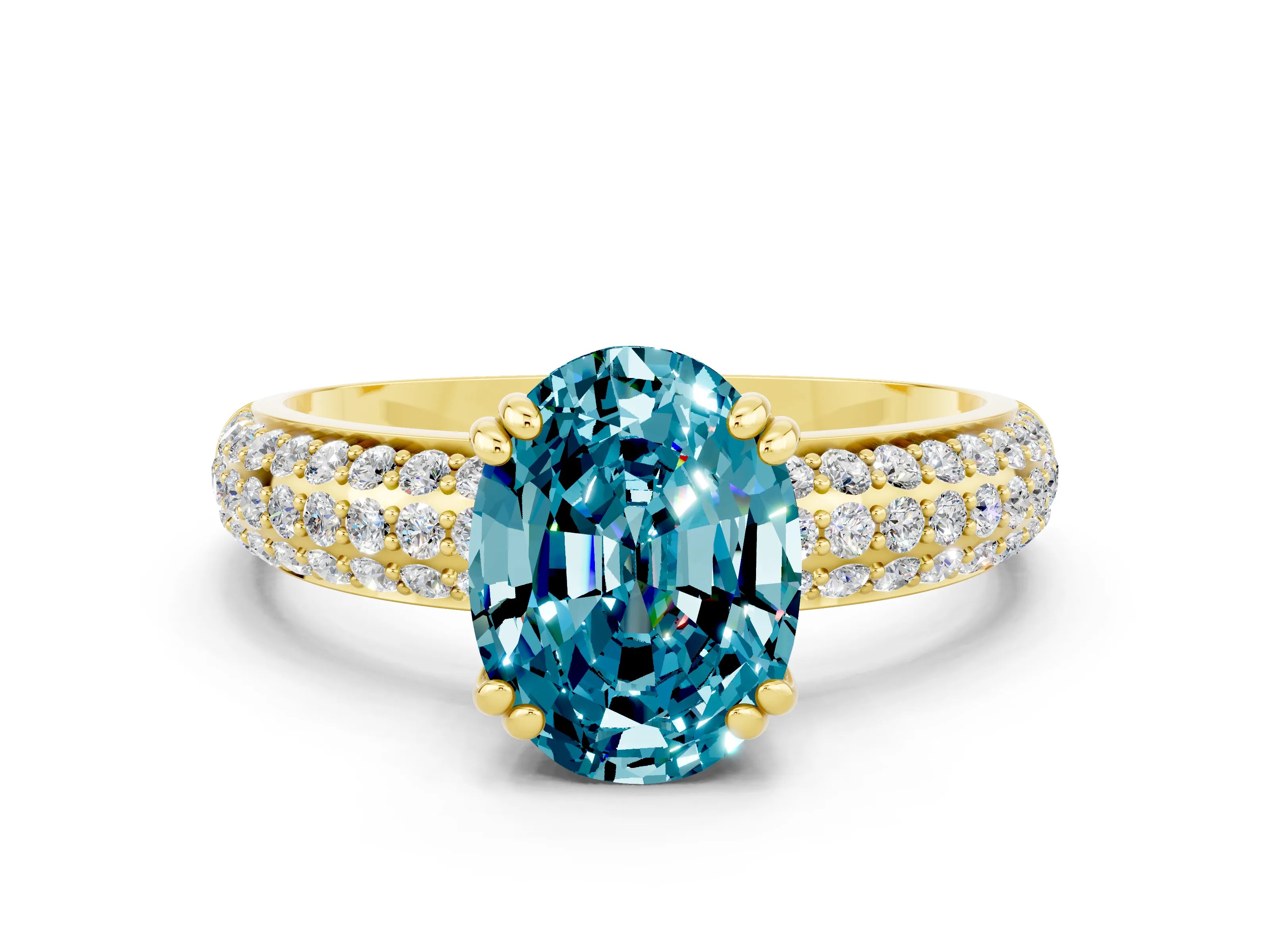 Yellow gold Oval Cut Cut Pave Diamond Engagement Ring with Channel Set Band and Four-Prong Setting