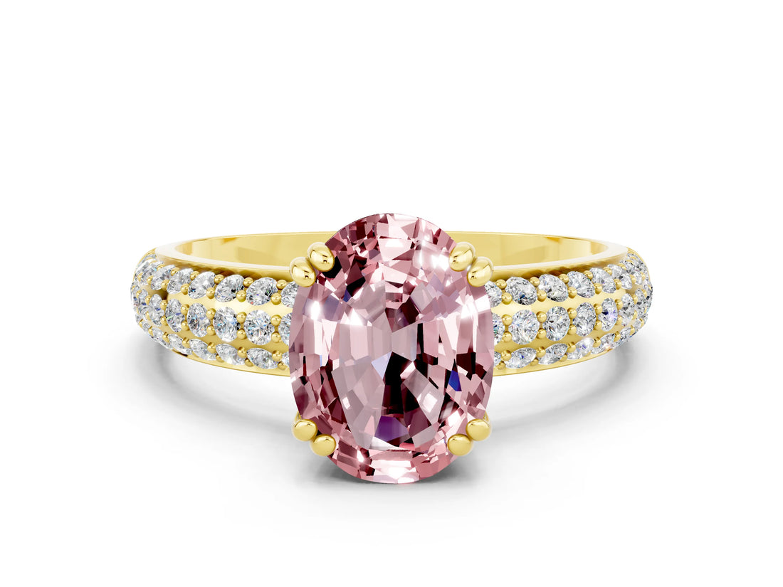 Yellow gold Oval Cut Cut Pave Diamond Engagement Ring with Channel Set Band and Four-Prong Setting
