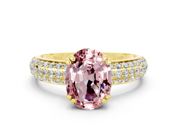 Yellow gold Oval Cut Cut Pave Diamond Engagement Ring with Channel Set Band and Four-Prong Setting