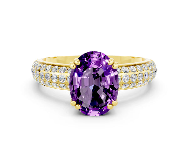 Yellow gold Oval Cut Amethyst Solitaire Ring with Multi-Row Round Pavé Band and Prong Setting