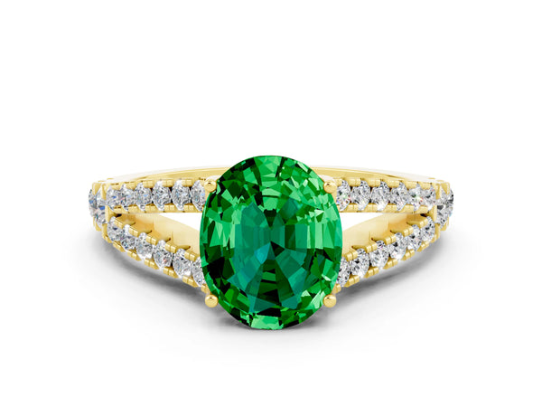 Yellow gold Oval Cut Emerald Split Shank Engagement Ring with Round Pavé and Prong Setting