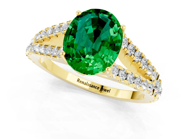 Yellow gold Oval Cut Emerald Split Shank Engagement Ring with Round Pavé and Prong Setting