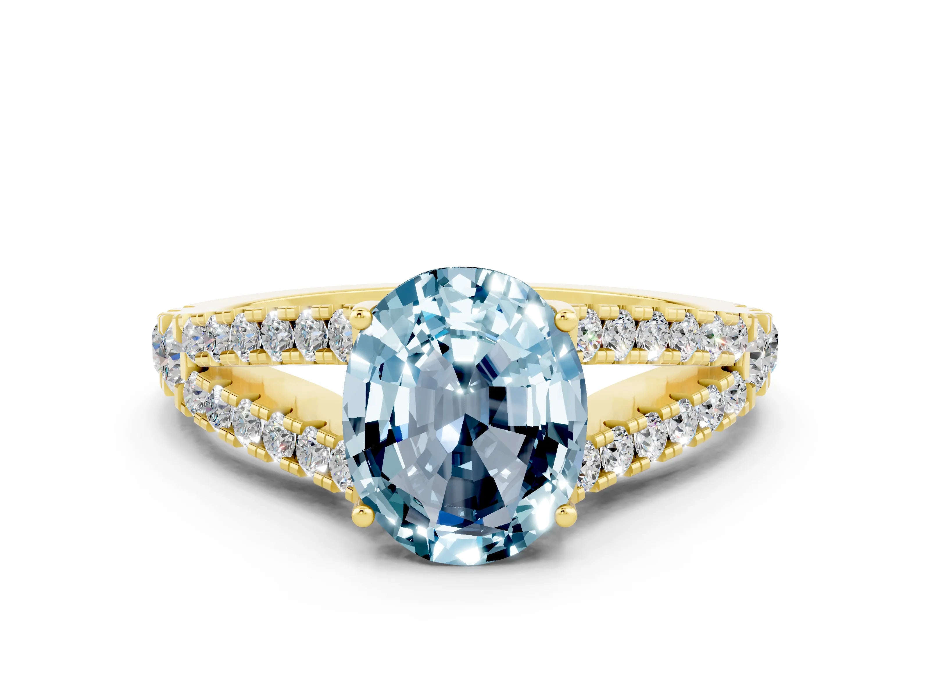 Yellow gold Oval Cut Cut Split Shank Pave Diamond Engagement Ring with Four-Prong Setting
