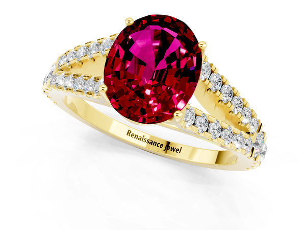 Yellow gold Oval Cut Garnet Split Shank Engagement Ring with Round Pavé and Prong Setting