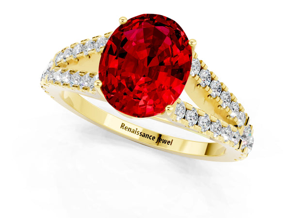 Yellow gold Oval Cut Ruby Split Shank Engagement Ring with Round Pavé and Prong Setting