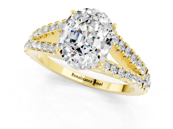 Yellow gold Oval Cut Moissanite Split Shank Engagement Ring with Round Pavé and Prong Setting