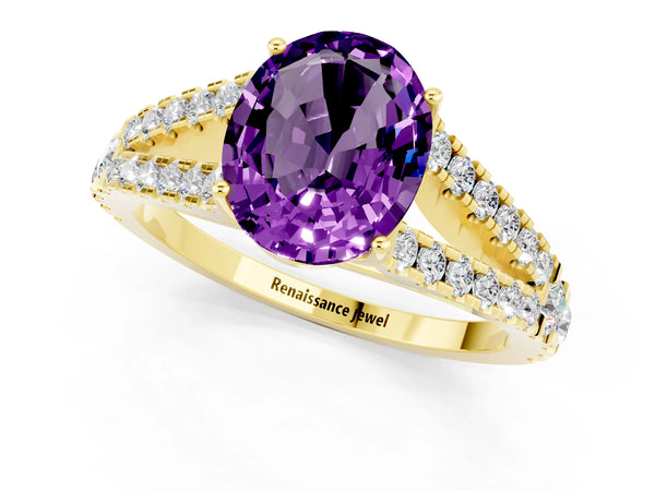 Yellow gold Oval Cut Amethyst Split Shank Engagement Ring with Round Pavé and Prong Setting