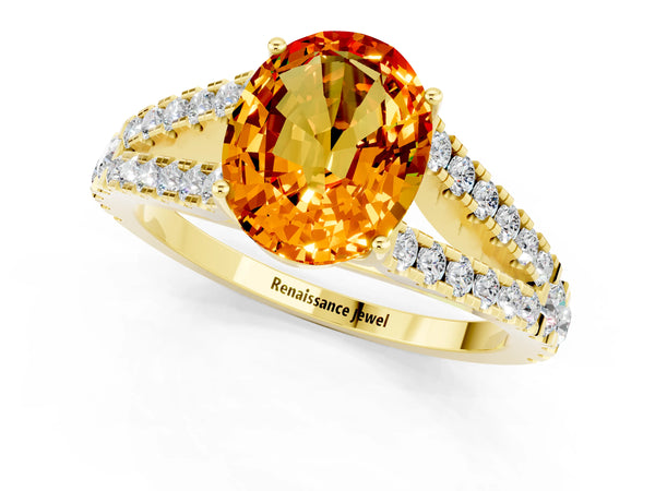 Yellow gold Oval Cut Citrine Split Shank Engagement Ring with Round Pavé and Prong Setting