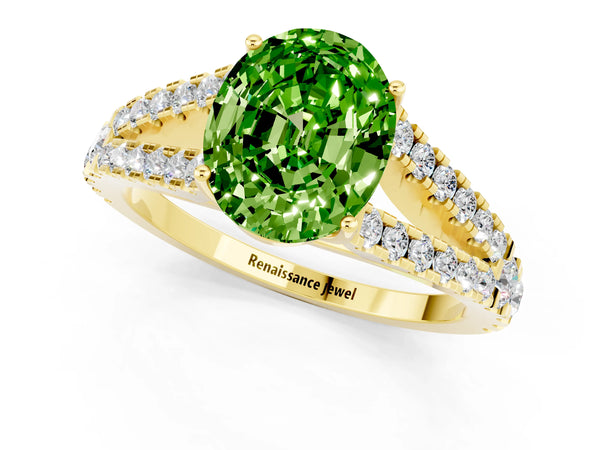 Yellow gold Oval Cut Cut Split Shank Pave Diamond Engagement Ring with Four-Prong Setting