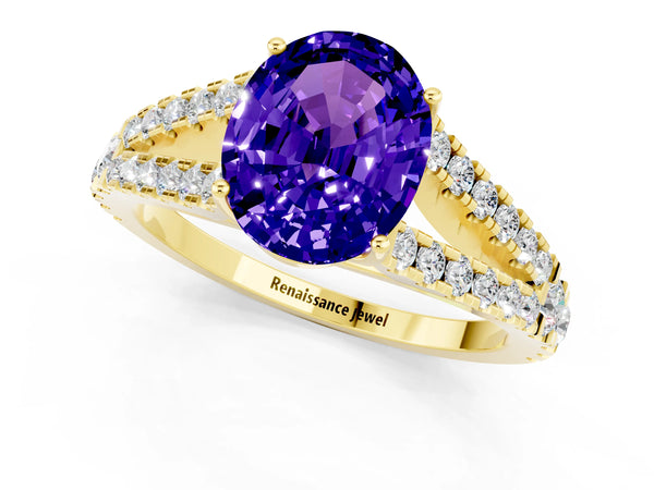 Yellow gold Oval Cut Tanzanite Split Shank Engagement Ring with Round Pavé and Prong Setting