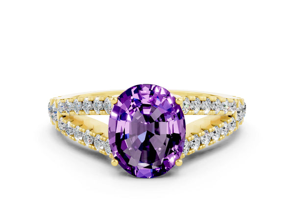 Yellow gold Oval Cut Amethyst Split Shank Engagement Ring with Round Pavé and Prong Setting