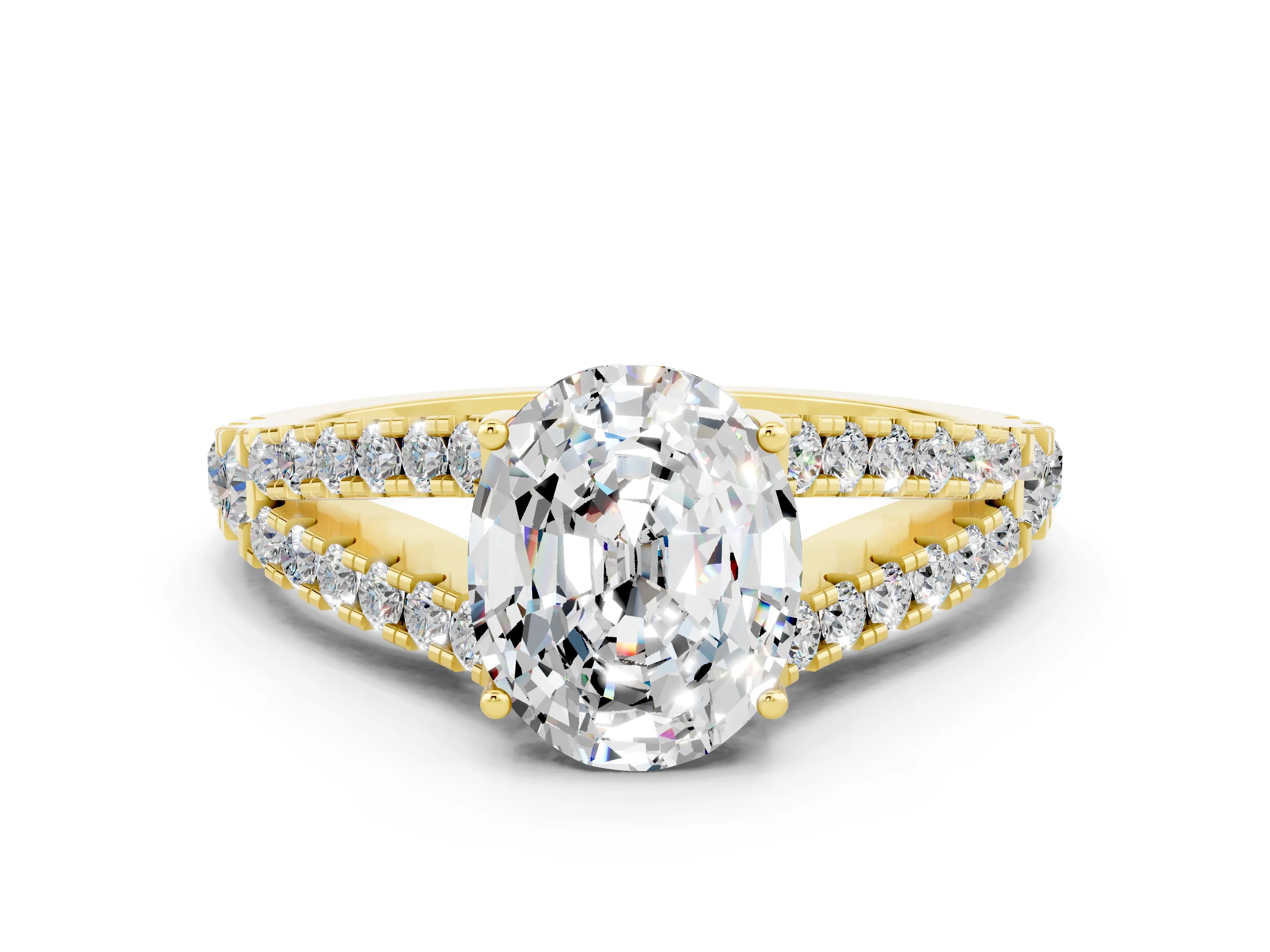 Yellow gold Oval Cut Cut Split Shank Pave Diamond Engagement Ring with Four-Prong Setting