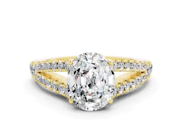 Yellow gold Oval Cut Moissanite Split Shank Engagement Ring with Round Pavé and Prong Setting