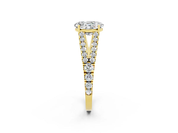 Yellow gold Oval Cut Moissanite Split Shank Engagement Ring with Round Pavé and Prong Setting