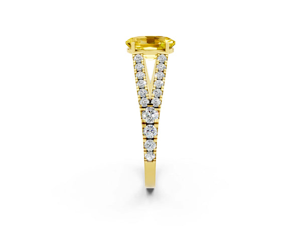 Yellow gold Oval Cut Yellow Sapphire Split Shank Engagement Ring with Round Pavé and Prong Setting