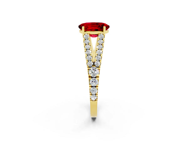 Yellow gold Oval Cut Ruby Split Shank Engagement Ring with Round Pavé and Prong Setting