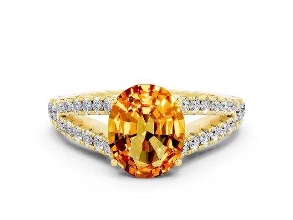 Yellow gold Oval Cut Citrine Split Shank Engagement Ring with Round Pavé and Prong Setting