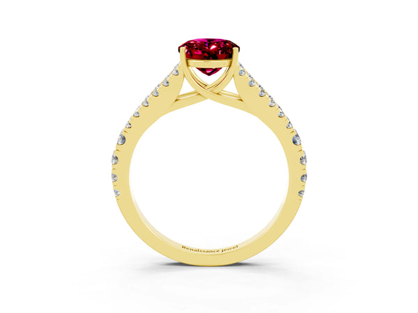 Yellow gold Oval Cut Garnet Split Shank Engagement Ring with Round Pavé and Prong Setting