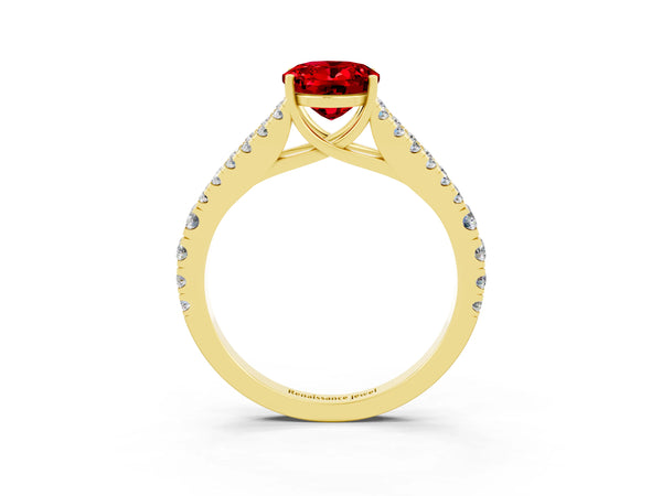 Yellow gold Oval Cut Ruby Split Shank Engagement Ring with Round Pavé and Prong Setting